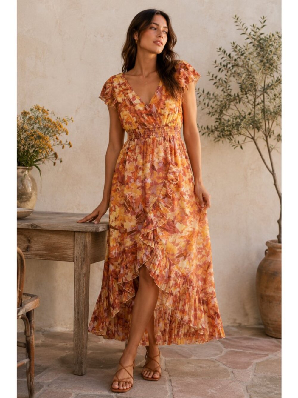 NEW Indigo Rose V Neck Cap Sleeve Printed Midi Dress Cascading Ruffle Orange PL